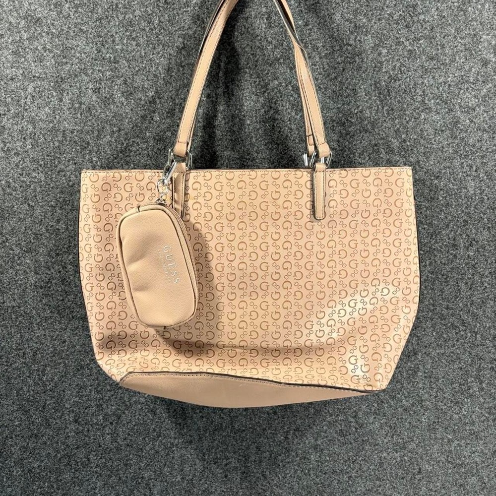 GUESS Pink Beige Monogram Tote Bag and Pouch Set Y2K Vintage Designer Handbag